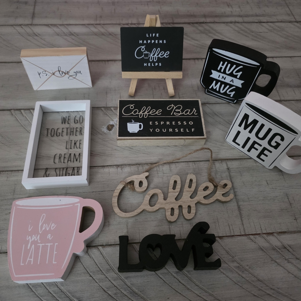 Coffee Wall Décor Set - Pink, Black, White, Natural Wood